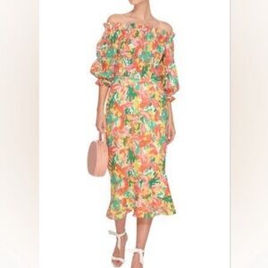 SALONI Grace Off-The-Shoulder Eyelet Midi Dress in Pink and Yellow Floral